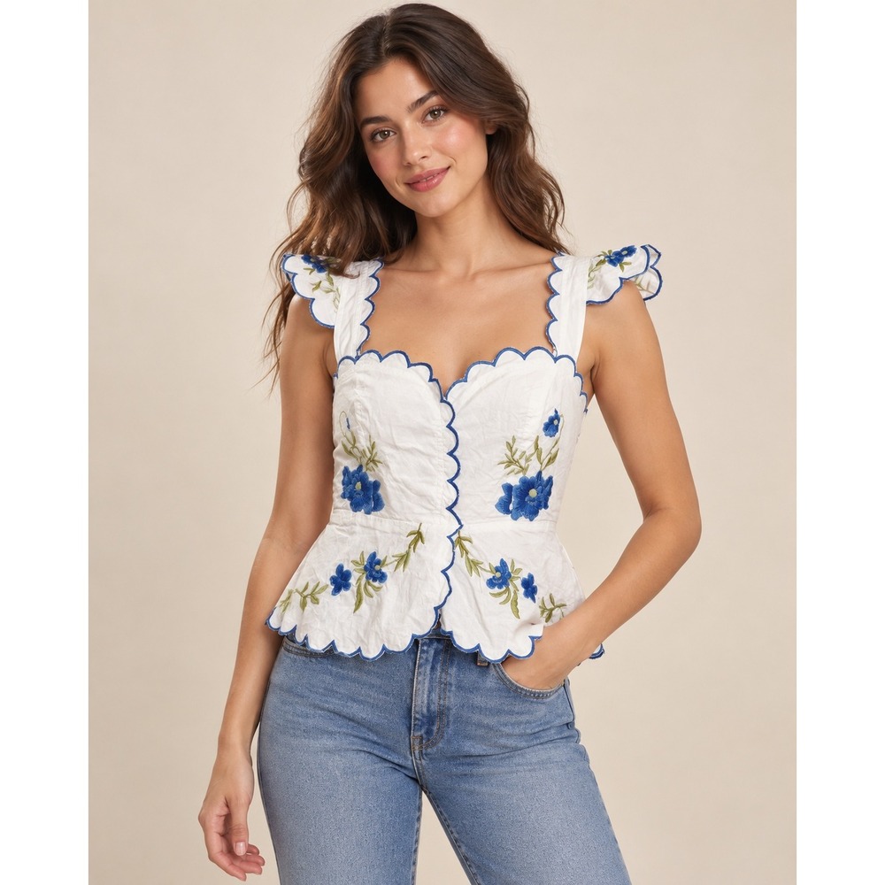 Maeve Ruffle-Strap Scallop Tea Towel Peplum Top Sz XXS Anthropologie